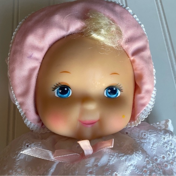 Vintage Jesvi Plush Baby Doll plastic face Blonde Hair Pink Outfit Rare Toy - Picture 3 of 6